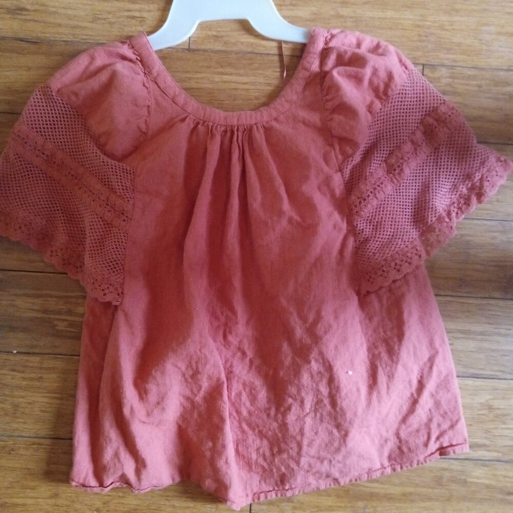 Cotton linen breezy blouse coral salmon xs crochet detail
